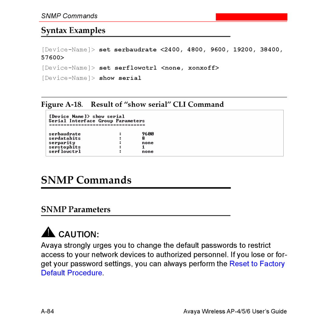 Avaya AP-6, AP-4, AP-5 manual Snmp Commands, Snmp Parameters 