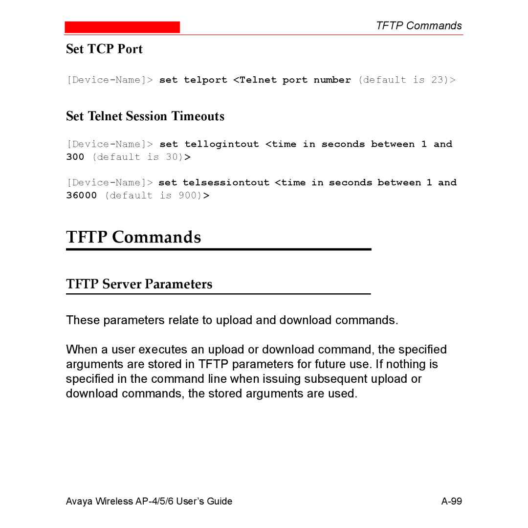 Avaya AP-6, AP-4, AP-5 manual Tftp Commands, Set Telnet Session Timeouts, Tftp Server Parameters 