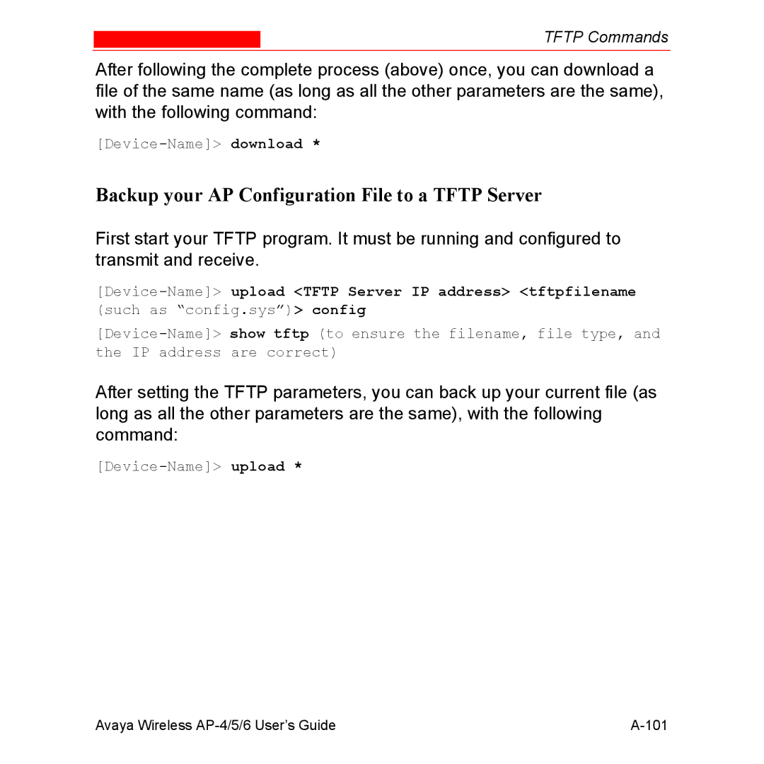 Avaya AP-4, AP-6, AP-5 manual Backup your AP Configuration File to a Tftp Server 