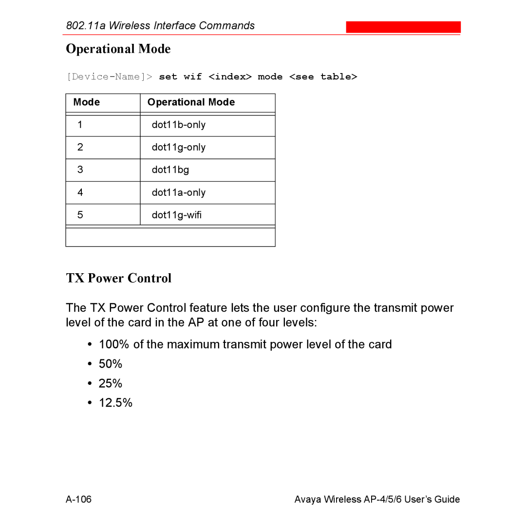 Avaya AP-5, AP-4, AP-6 manual Operational Mode, TX Power Control 