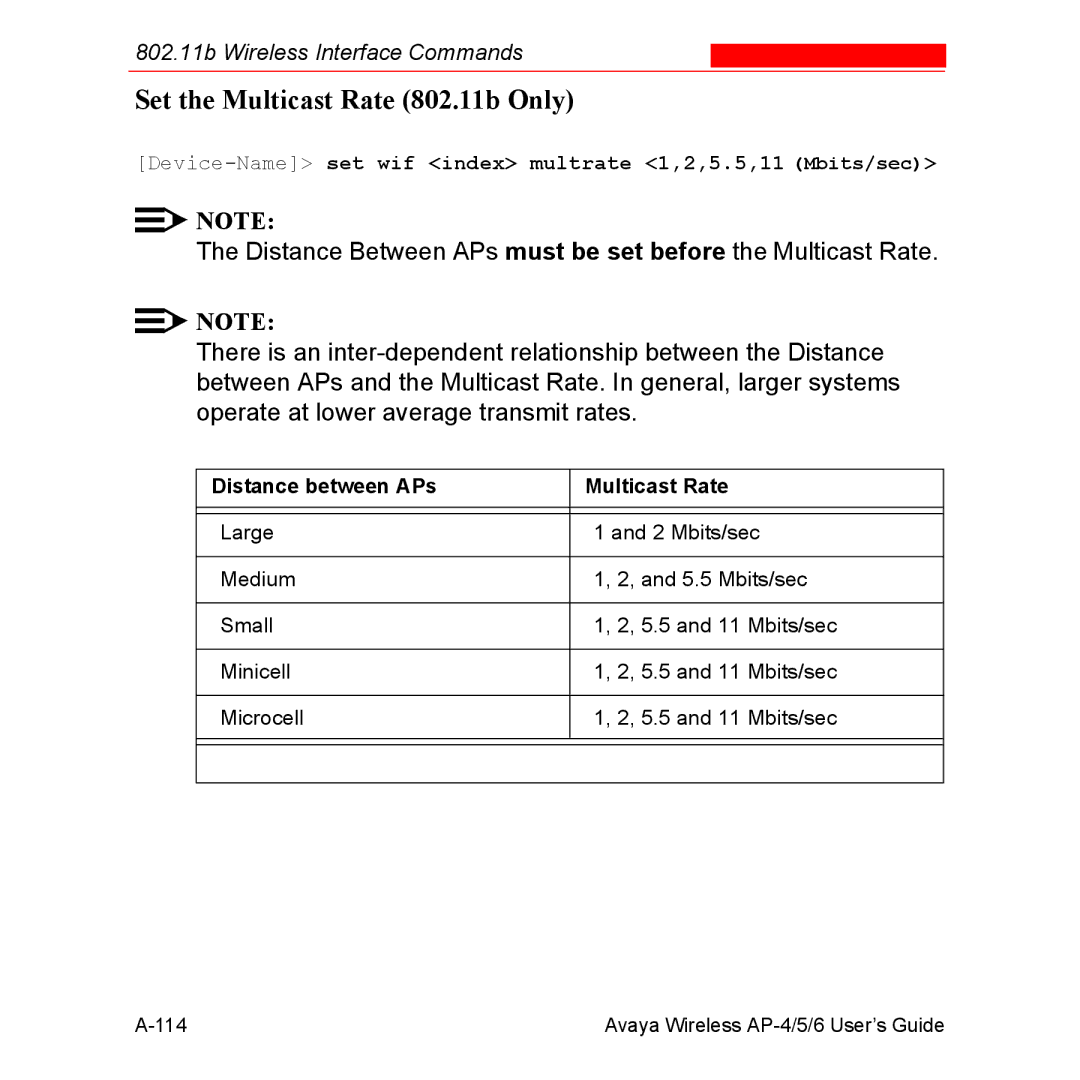 Avaya AP-6, AP-4, AP-5 manual Set the Multicast Rate 802.11b Only, Distance between APs Multicast Rate 