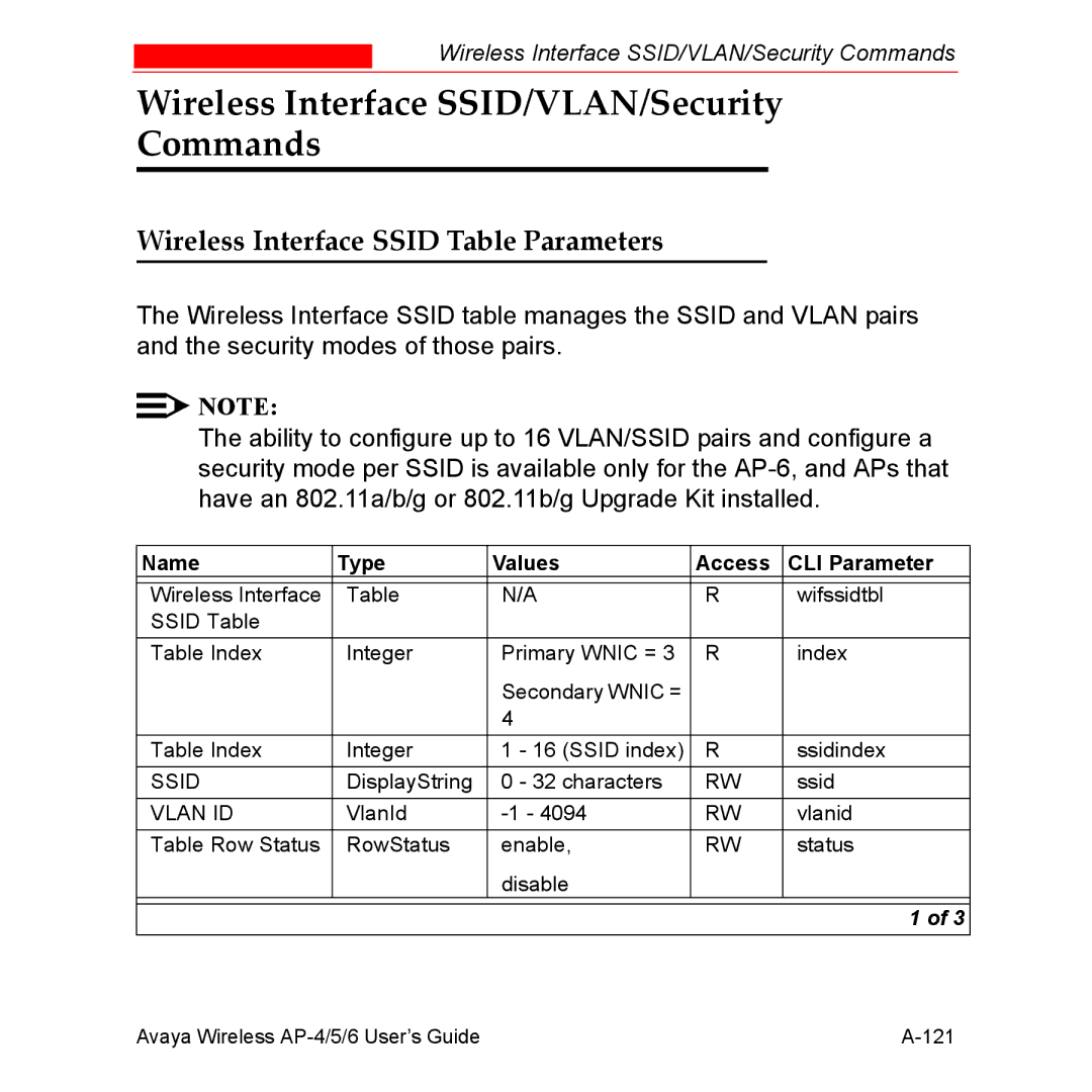 Avaya AP-5, AP-4, AP-6 manual Wireless Interface SSID/VLAN/Security Commands, Wireless Interface Ssid Table Parameters 