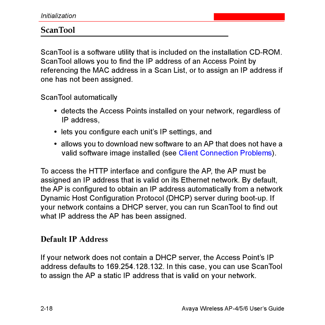 Avaya AP-4, AP-6, AP-5 manual ScanTool, Default IP Address 