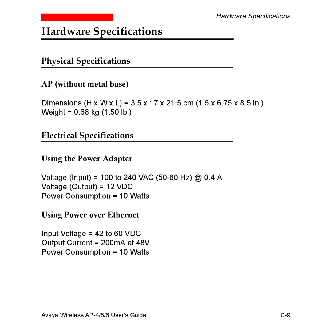 Avaya AP-5, AP-4, AP-6 Hardware Specifications, AP without metal base, Using the Power Adapter, Using Power over Ethernet 