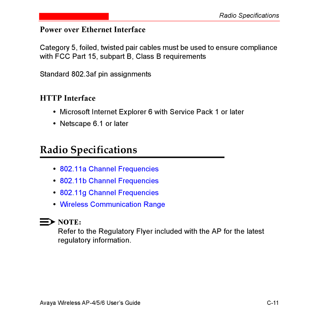 Avaya AP-6, AP-4, AP-5 manual Radio Specifications, Power over Ethernet Interface, Http Interface 