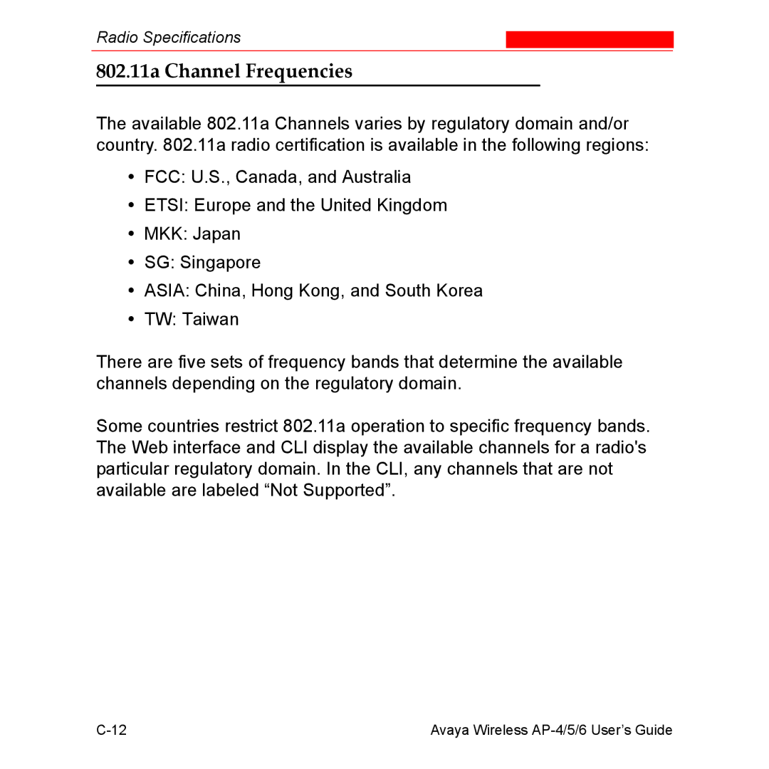 Avaya AP-5, AP-4, AP-6 manual 802.11a Channel Frequencies 