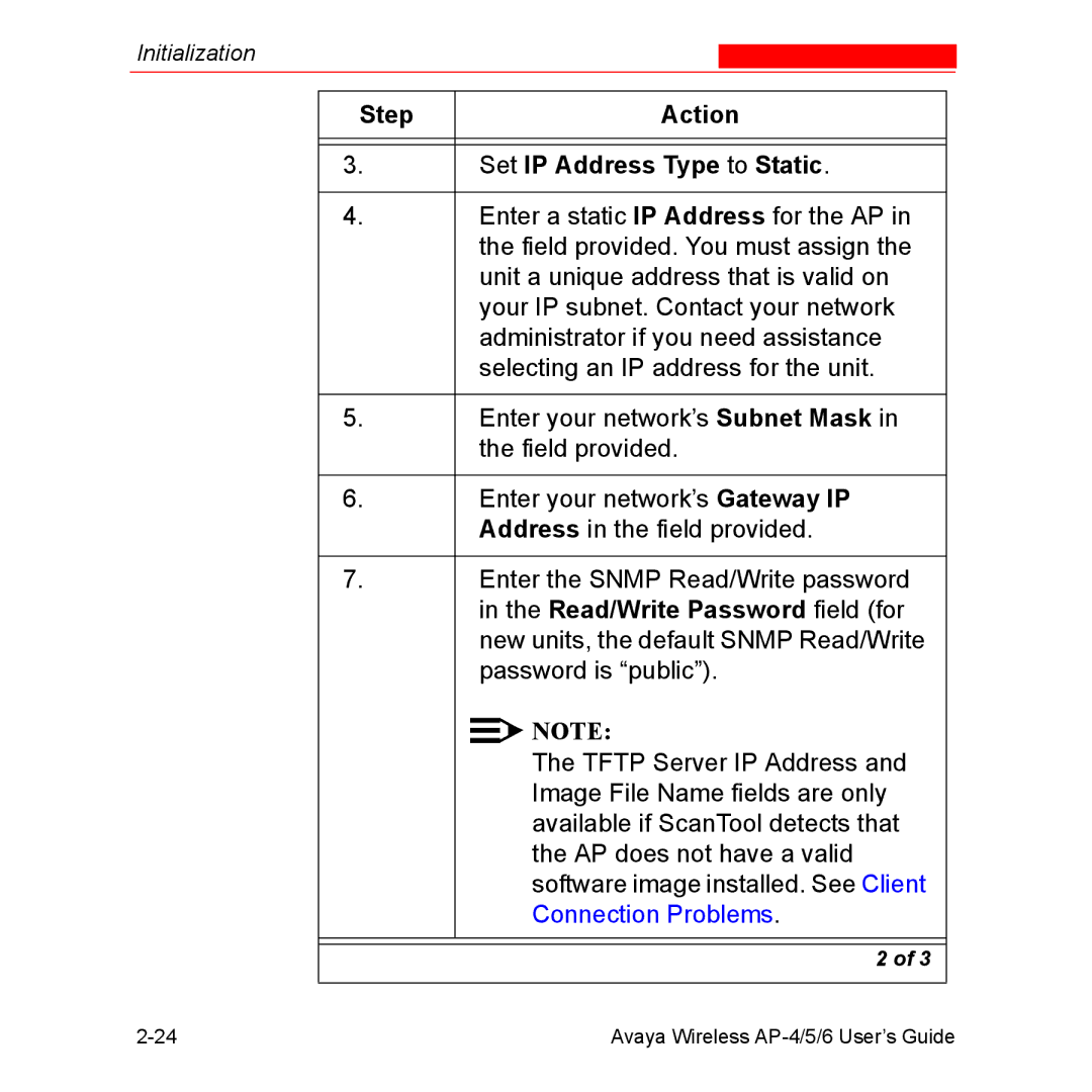 Avaya AP-4, AP-6, AP-5 manual Step Action Set IP Address Type to Static 