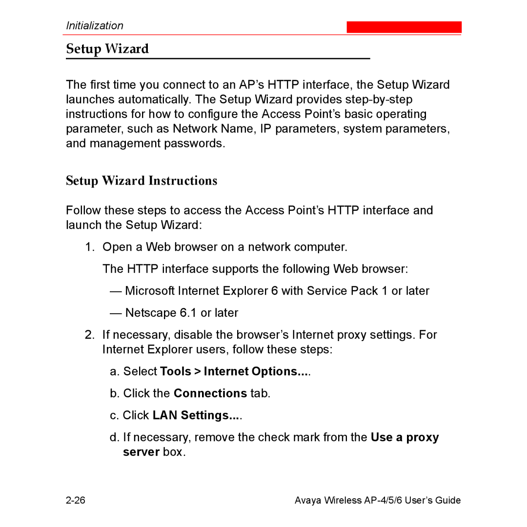 Avaya AP-5, AP-4, AP-6 manual Setup Wizard Instructions, Select Tools Internet Options, Click LAN Settings 