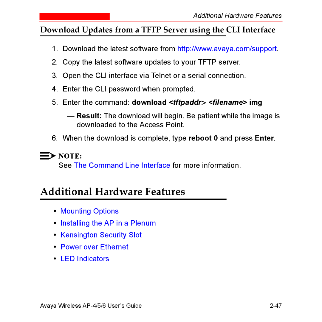 Avaya AP-5, AP-4, AP-6 manual Additional Hardware Features, Download Updates from a Tftp Server using the CLI Interface 