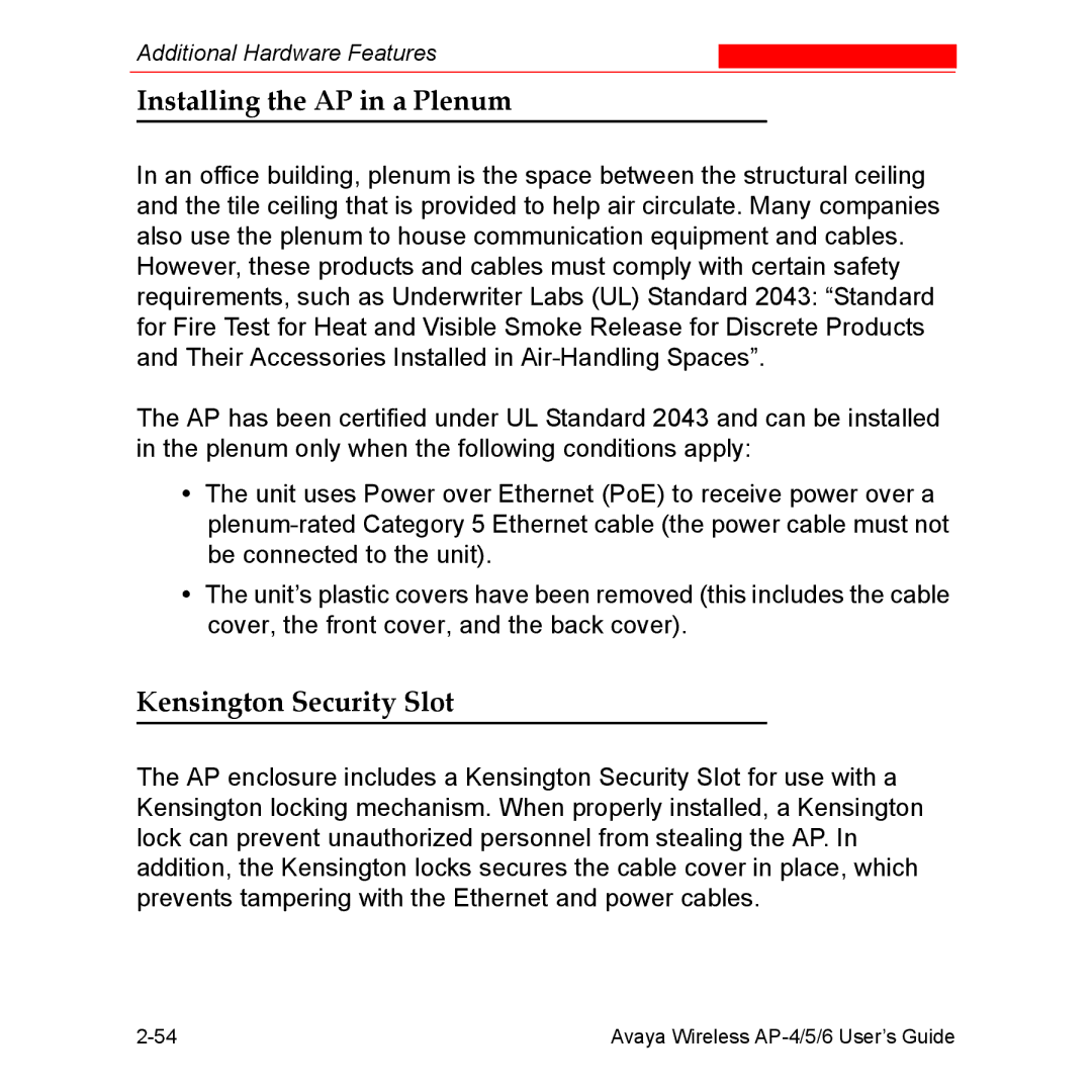 Avaya AP-4, AP-6, AP-5 manual Installing the AP in a Plenum, Kensington Security Slot 