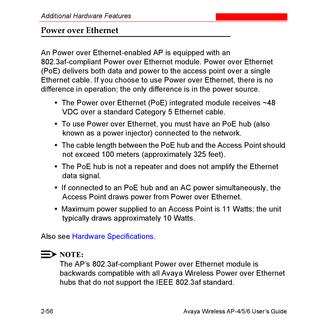 Avaya AP-5, AP-4, AP-6 manual Power over Ethernet, Also see Hardware Specifications 