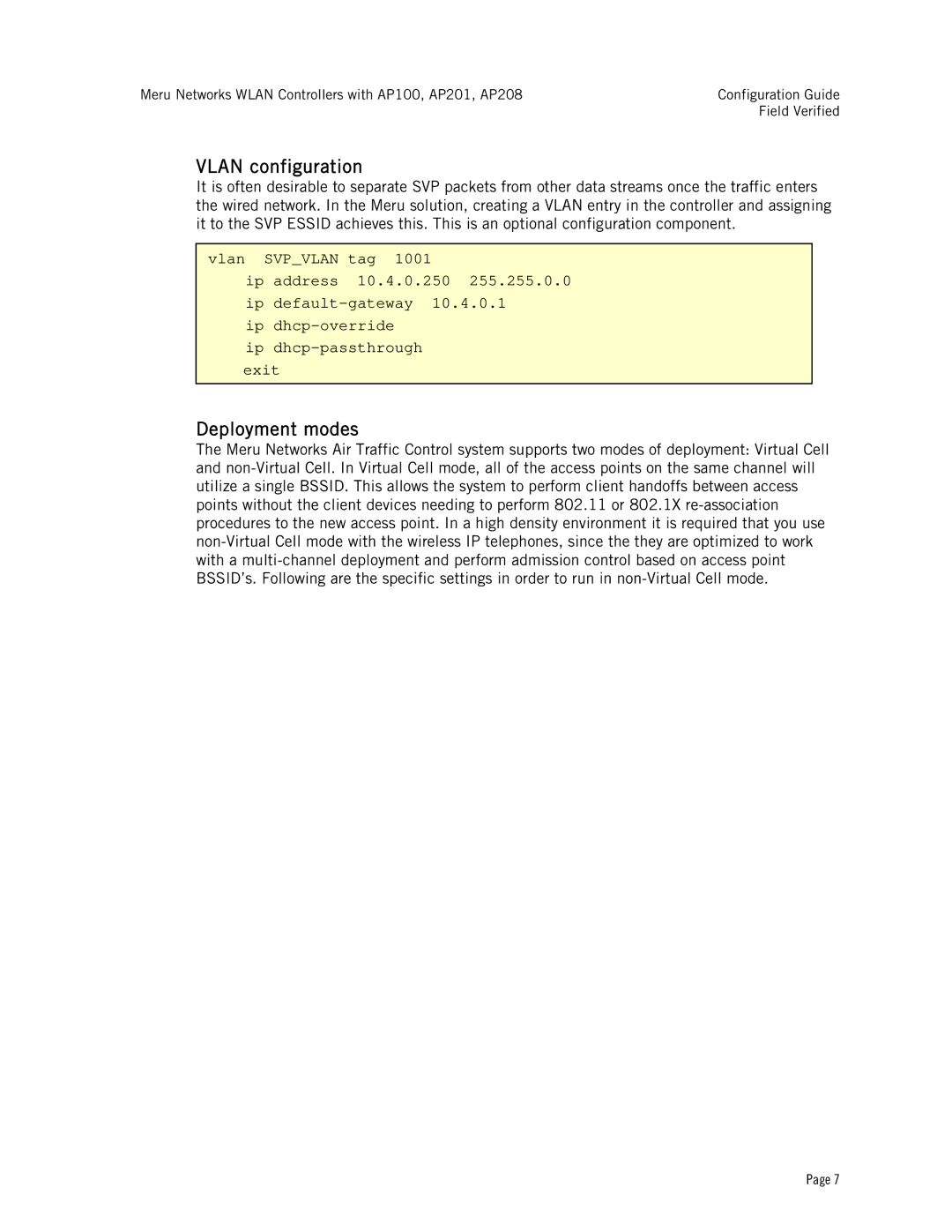 Avaya AP208, AP100, AP201 specifications Vlan configuration, Deployment modes 