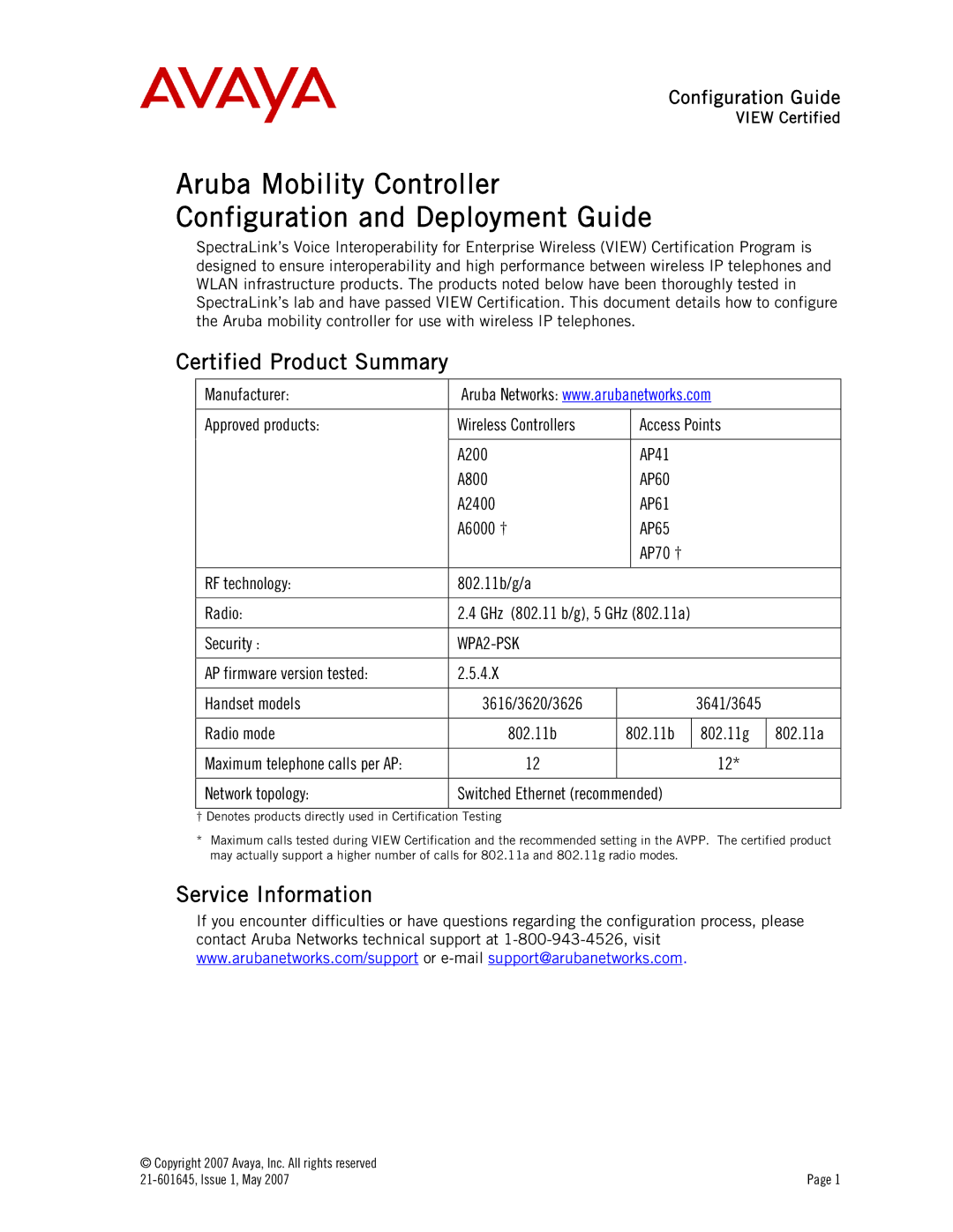 Avaya AP65, AP60, A2400, A200 manual Certified Product Summary, Service Information, Configuration Guide, View Certified 