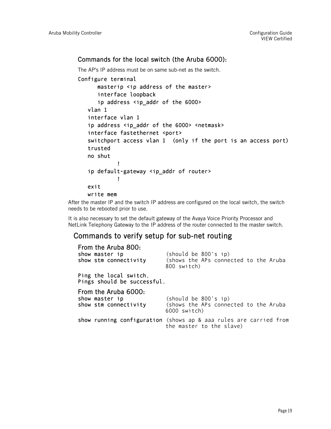 Avaya AP65, AP60 Commands to verify setup for sub-net routing, Commands for the local switch the Aruba, From the Aruba 