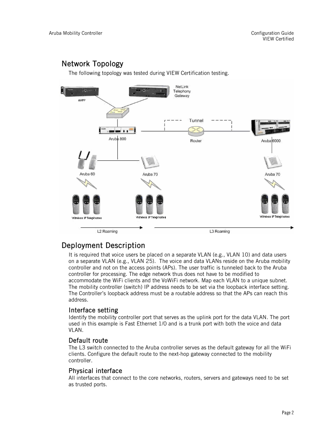 Avaya A2400, AP60, AP65, A200 Network Topology, Deployment Description, Interface setting, Default route, Physical interface 