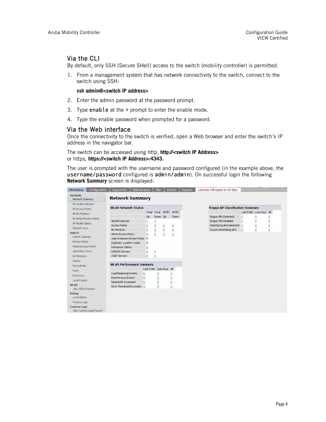 Avaya A800, AP60, AP65, A2400, A200, AP41, AP61, AP70, A6000 manual Via the CLI, Via the Web interface, Ssh admin@switch IP address 