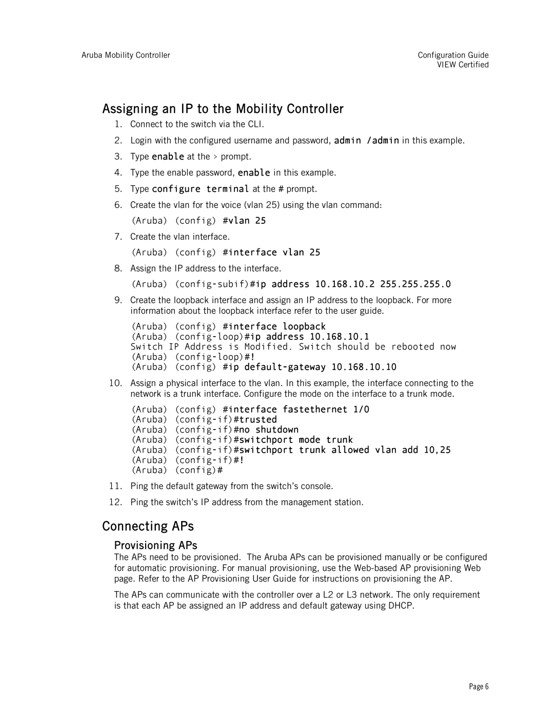 Avaya AP61, AP60, AP65, A2400, A200, A800, AP41 Assigning an IP to the Mobility Controller, Connecting APs, Provisioning APs 