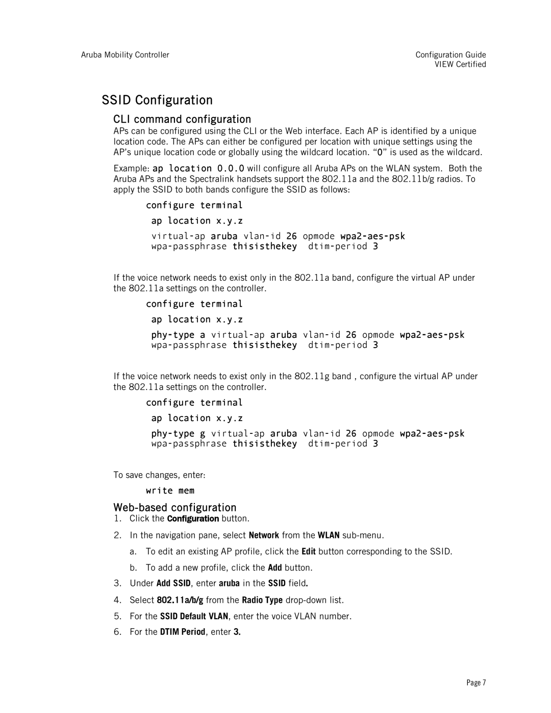 Avaya AP70 Ssid Configuration, CLI command configuration, Web-based configuration, Configure terminal ap location x.y.z 