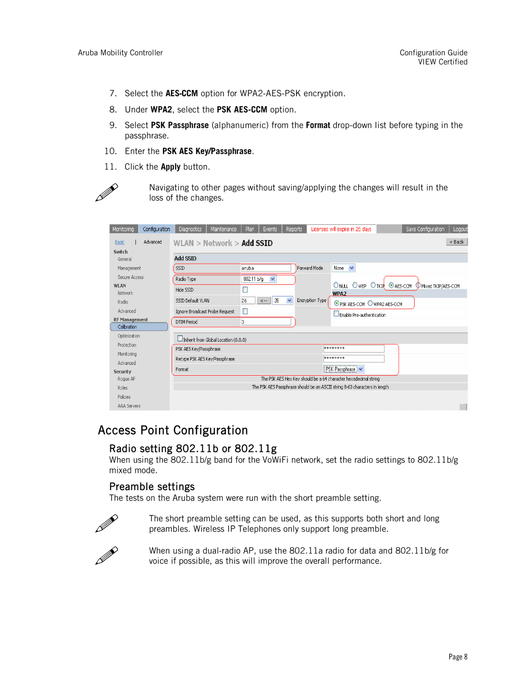 Avaya A6000, AP60, AP65, A2400, A200, A800 Access Point Configuration, Radio setting 802.11b or 802.11g, Preamble settings 