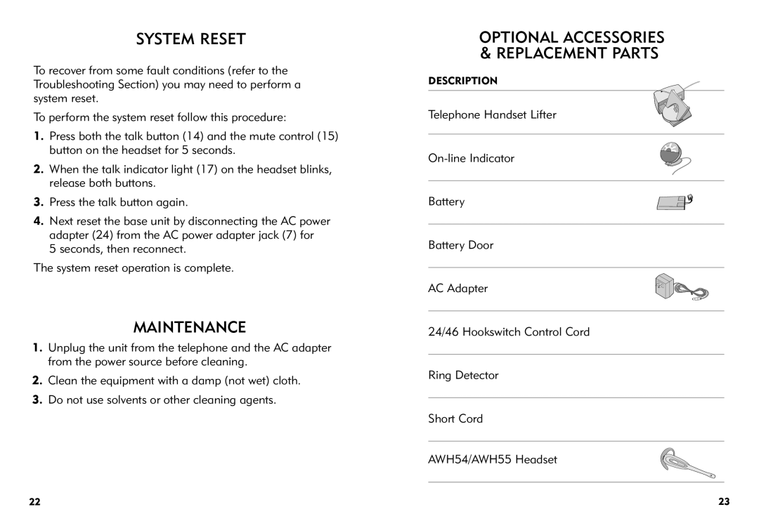 Avaya AWH-55 manual System Reset, Maintenance 