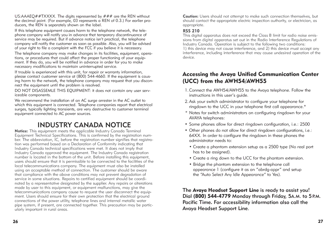 Avaya AWH-55 manual Industry Canada Notice, Rss 