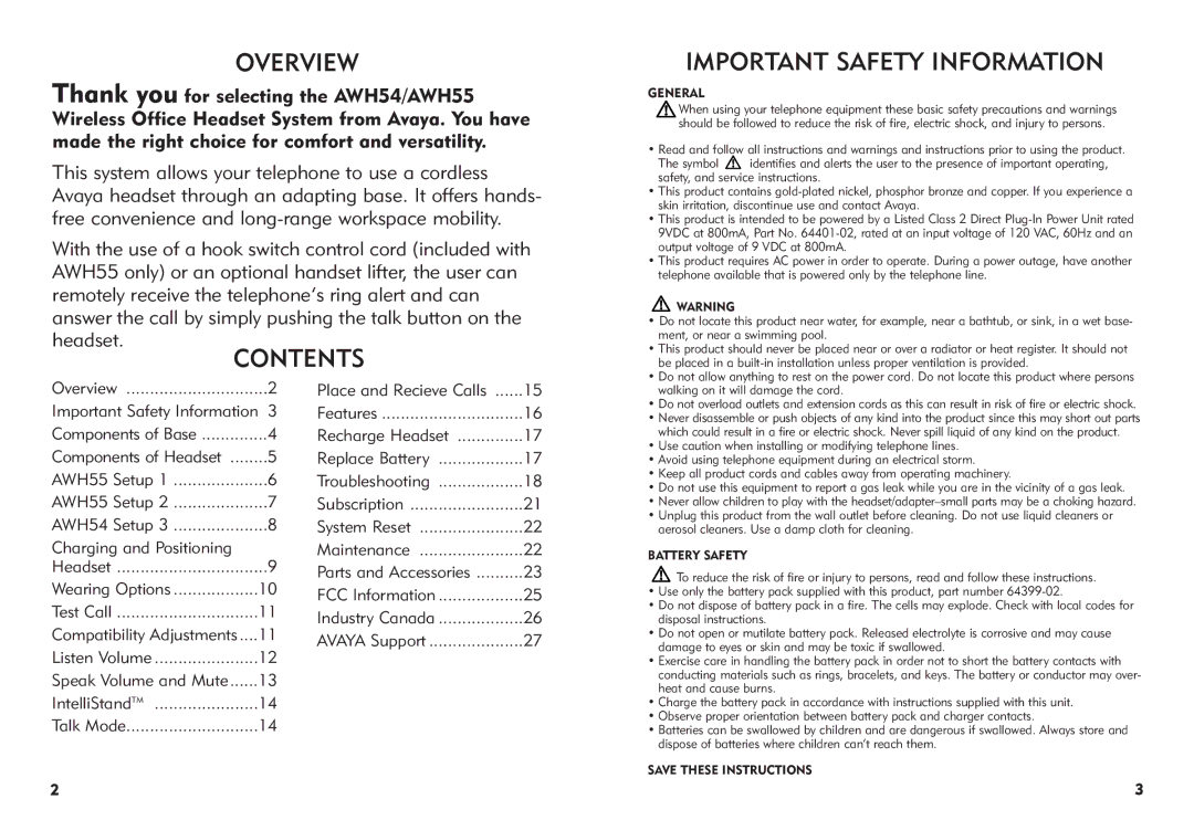 Avaya AWH-55 manual Overview, Contents, Important Safety Information 