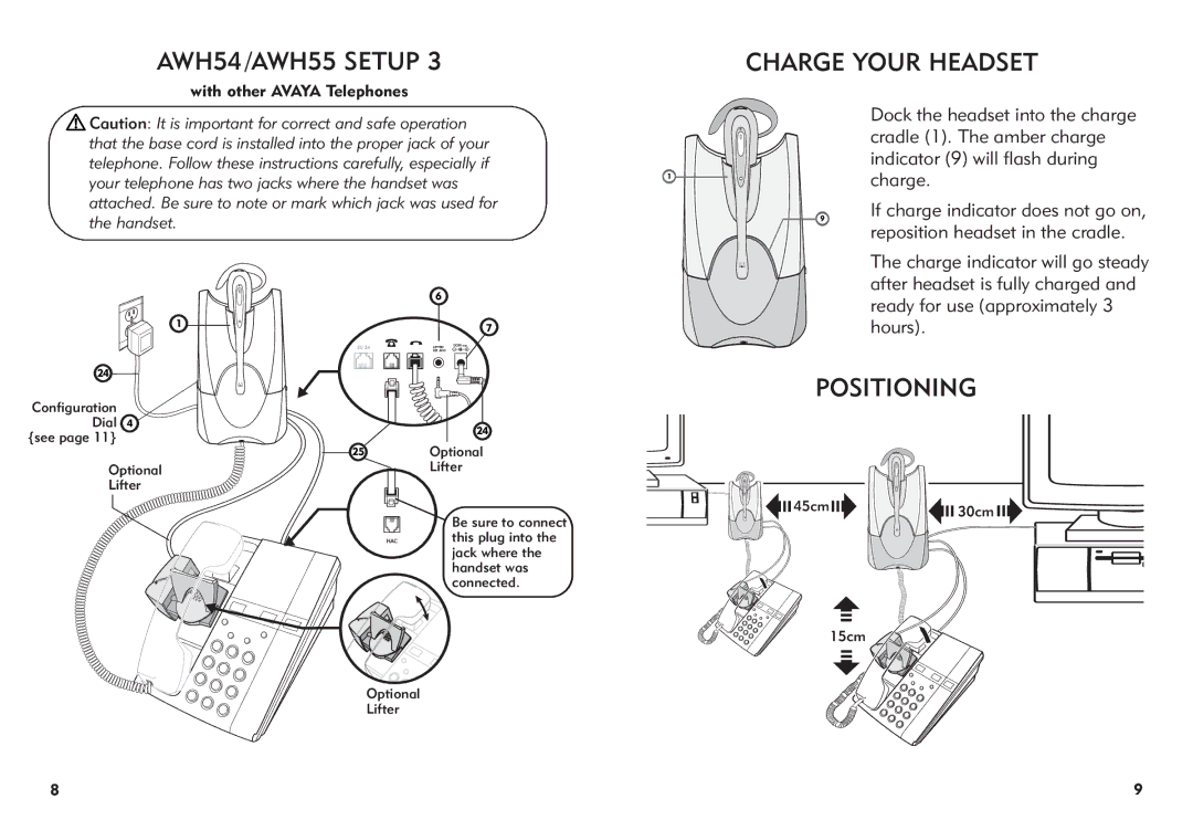 Avaya AWH-55 manual AWH54/AWH55 Setup Charge Your Headset, Positioning, Dock the headset into the charge 