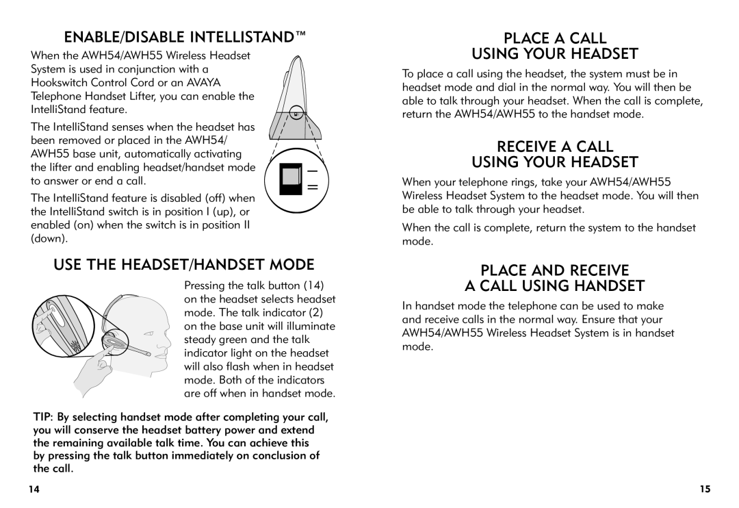 Avaya AWH-55 manual ENABLE/DISABLE Intellistand, USE the HEADSET/HANDSET Mode, Place a Call Using Your Headset 