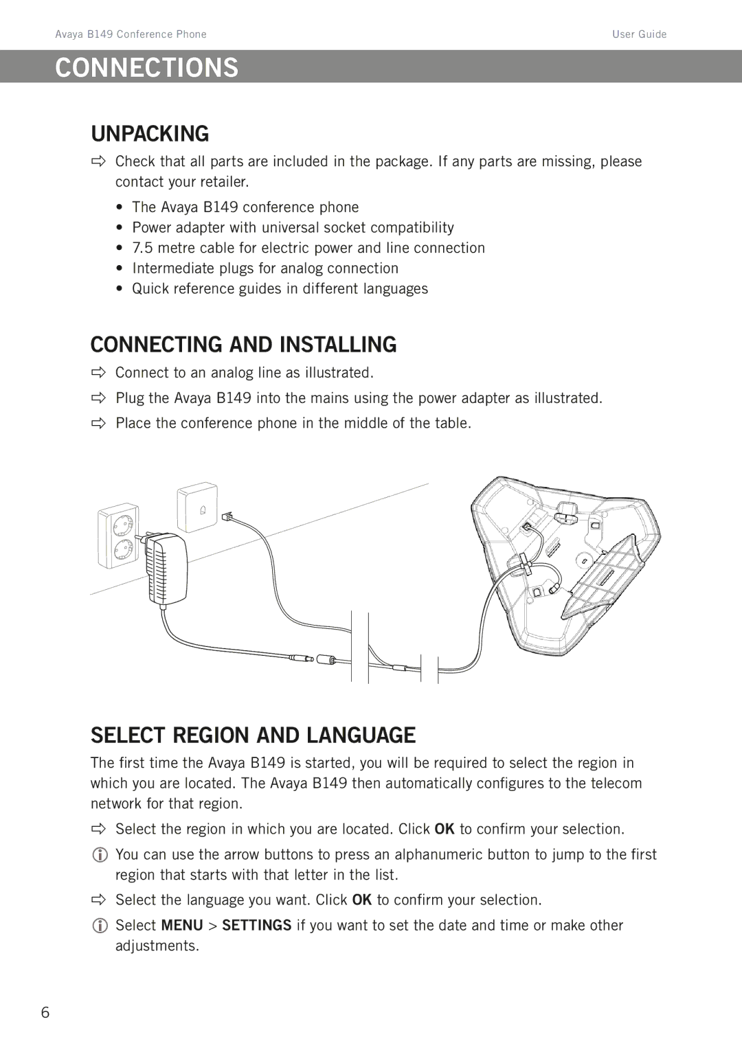 Avaya B149 manual Connections, Unpacking, Connecting and installing, Select region and language 