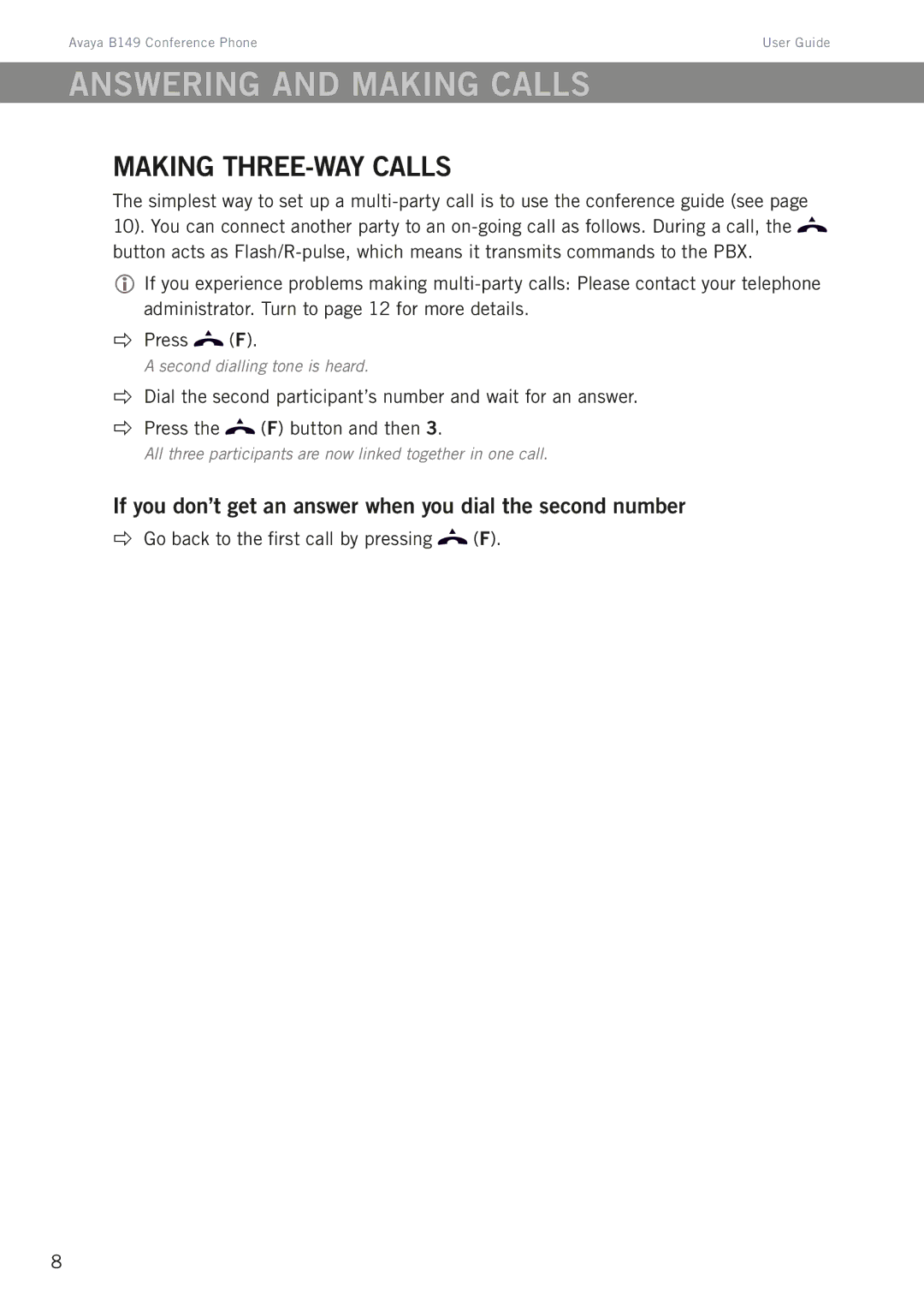 Avaya B149 Answering and making calls, Making three-way calls, If you don’t get an answer when you dial the second number 
