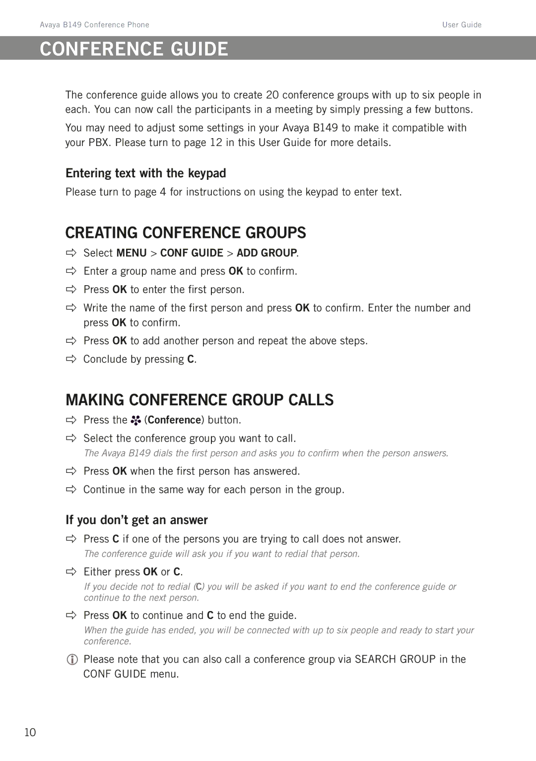 Avaya B149 Conference guide, Creating conference groups, Making conference group calls, Entering text with the keypad 