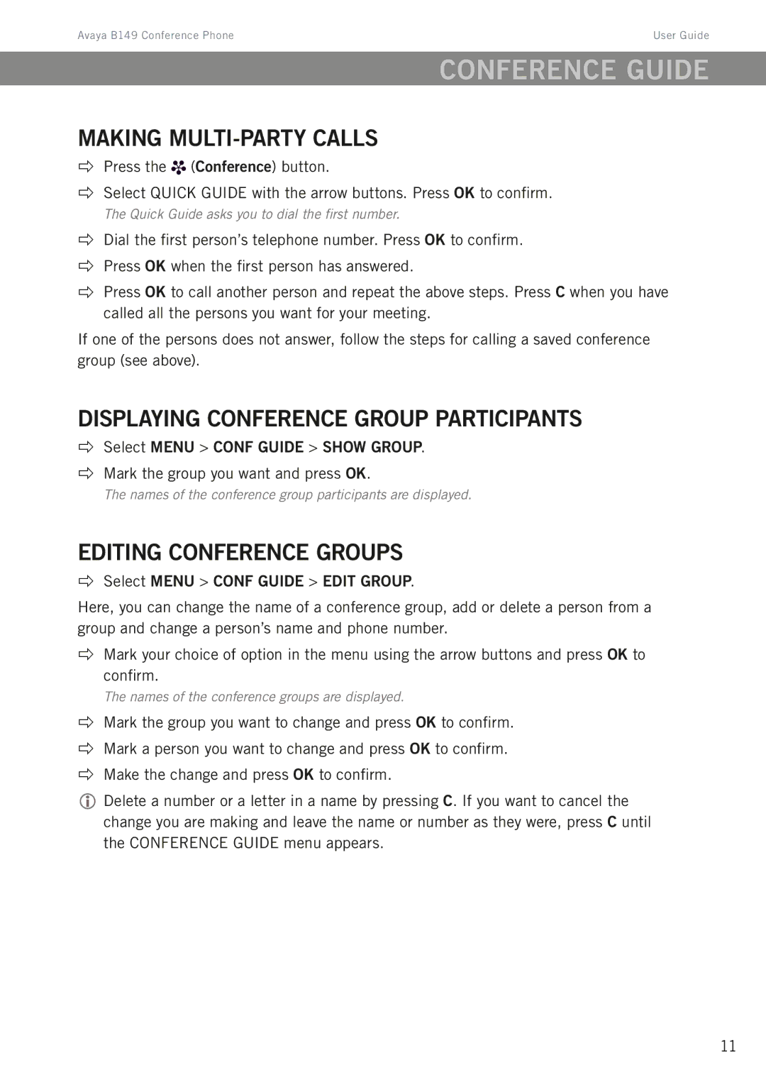 Avaya B149 Conference guide, Making multi-party calls, Displaying conference group participants, Editing conference groups 