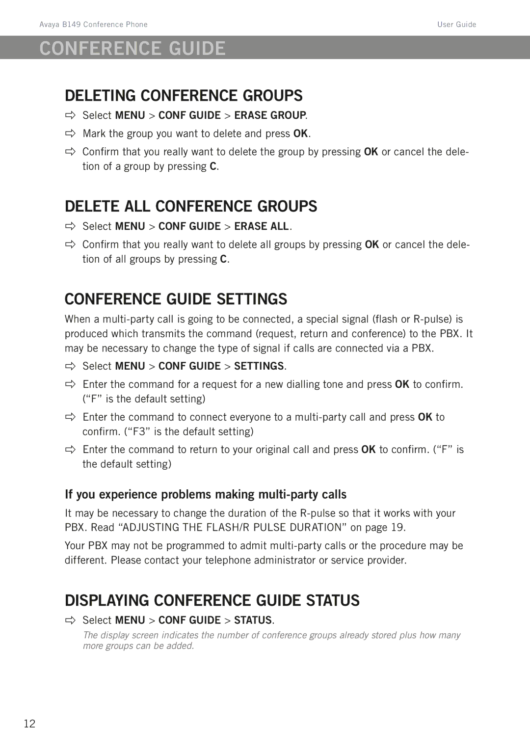 Avaya B149 manual Deleting conference groups, Delete all conference groups, Conference guide settings 