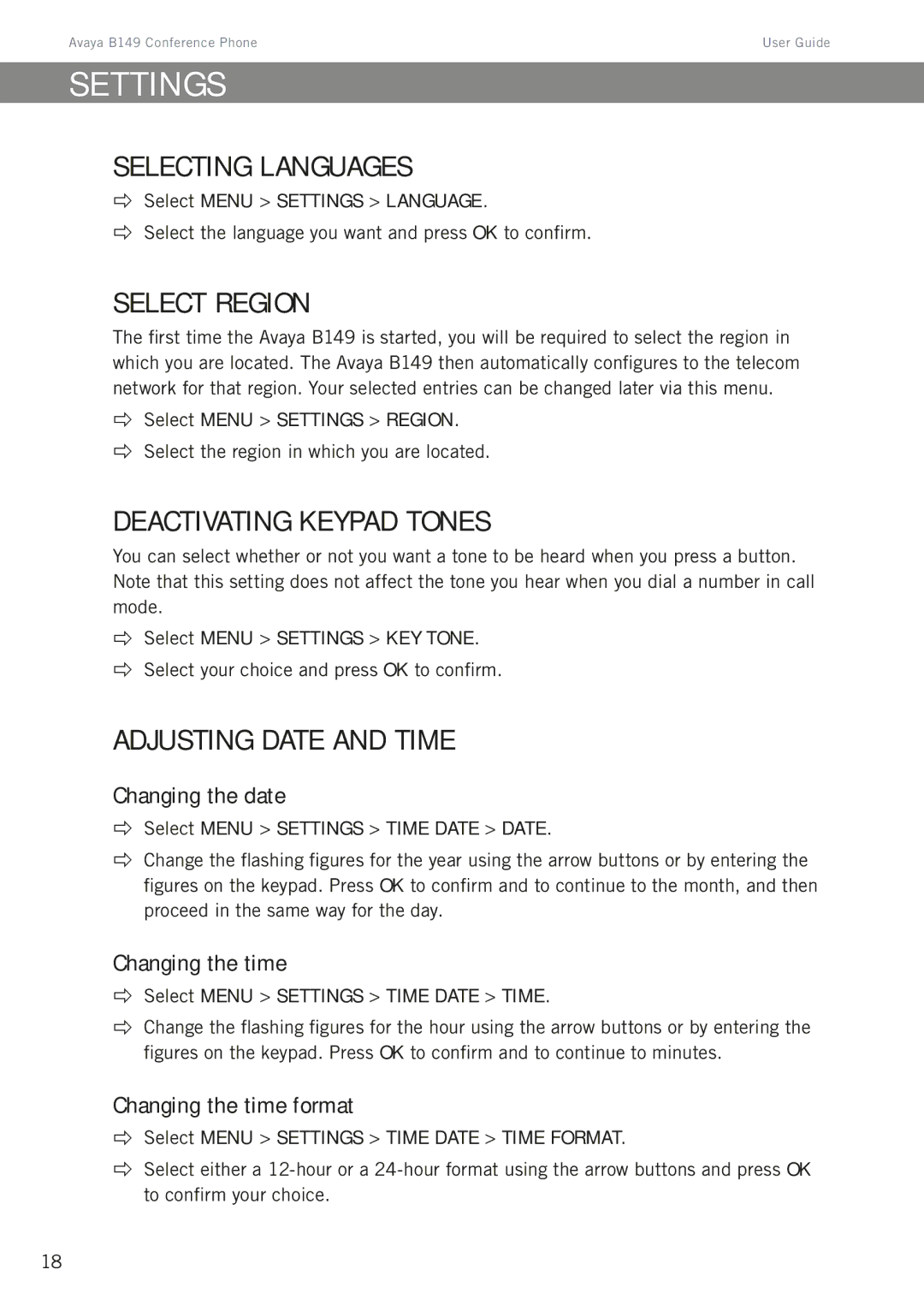 Avaya B149 manual Settings, Selecting languages, Select region, Deactivating keypad tones, Adjusting date and time 