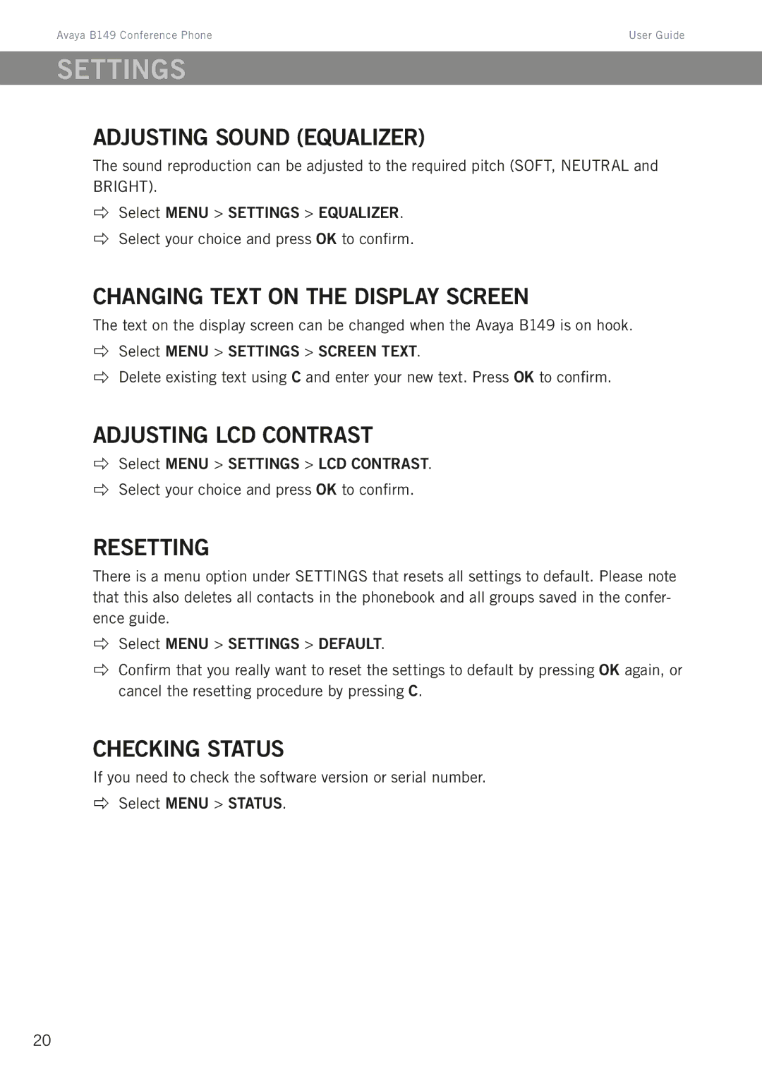 Avaya B149 manual Settings 