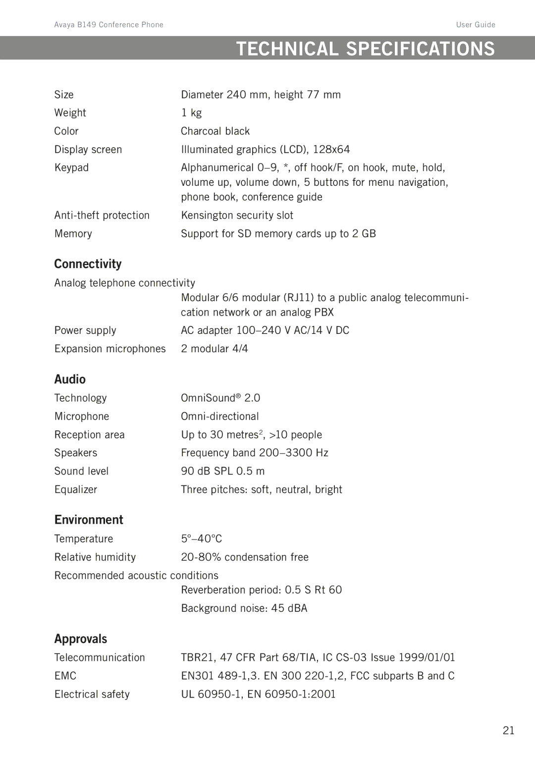 Avaya B149 manual Technical specifications, Connectivity, Audio, Environment, Approvals 