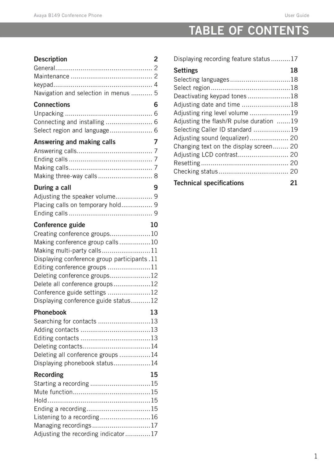 Avaya B149 manual Table of contents 