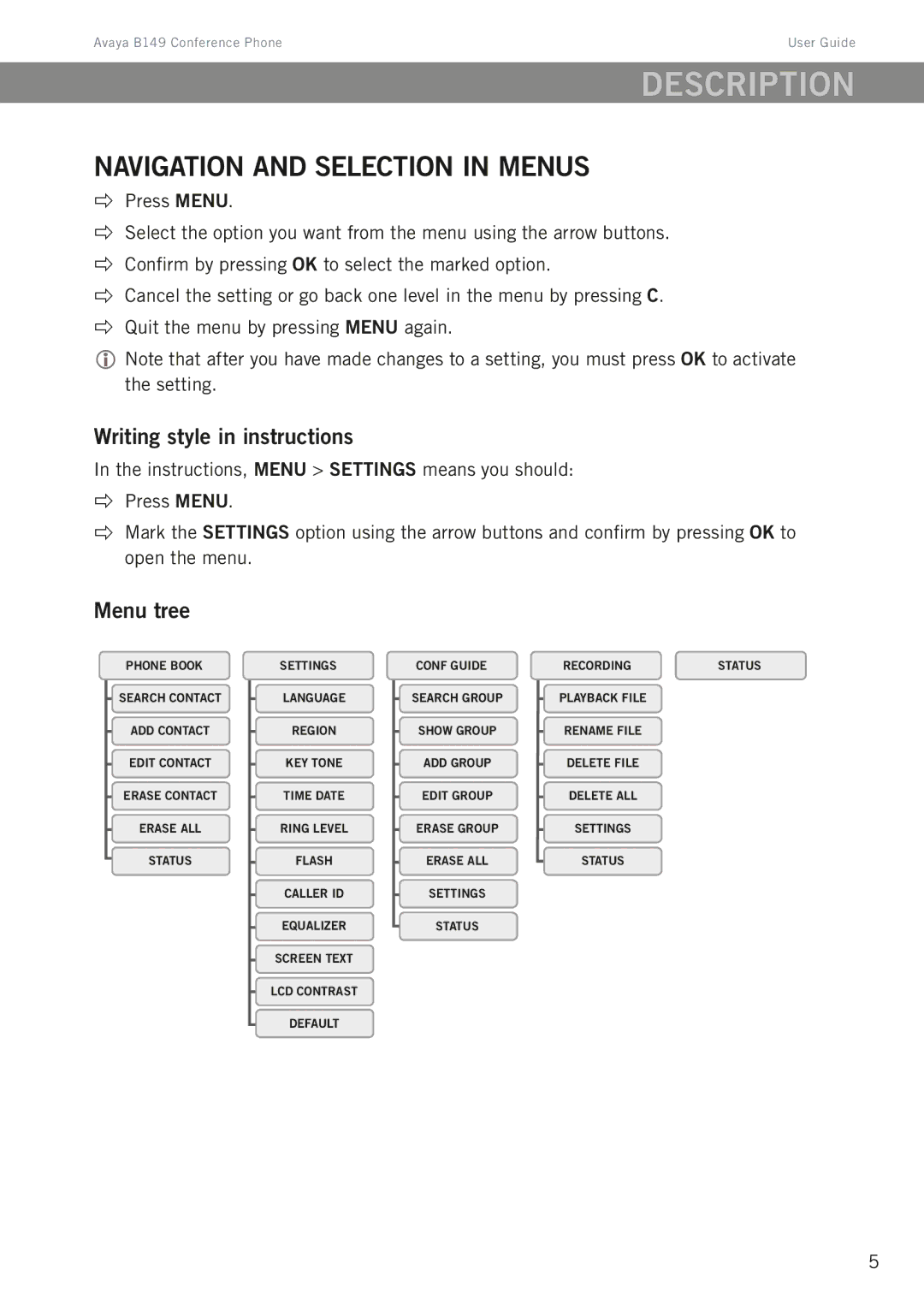 Avaya B149 manual Navigation and selection in menus, Writing style in instructions, Menu tree 