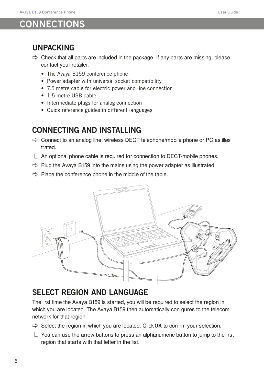 Avaya B159 manual Connections, Unpacking, Connecting and installing, Select region and language 