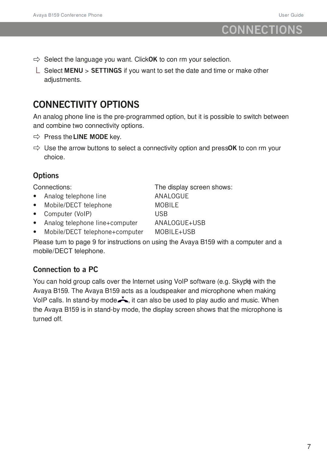 Avaya B159 manual Connections, Connectivity options, Options, Connection to a PC 