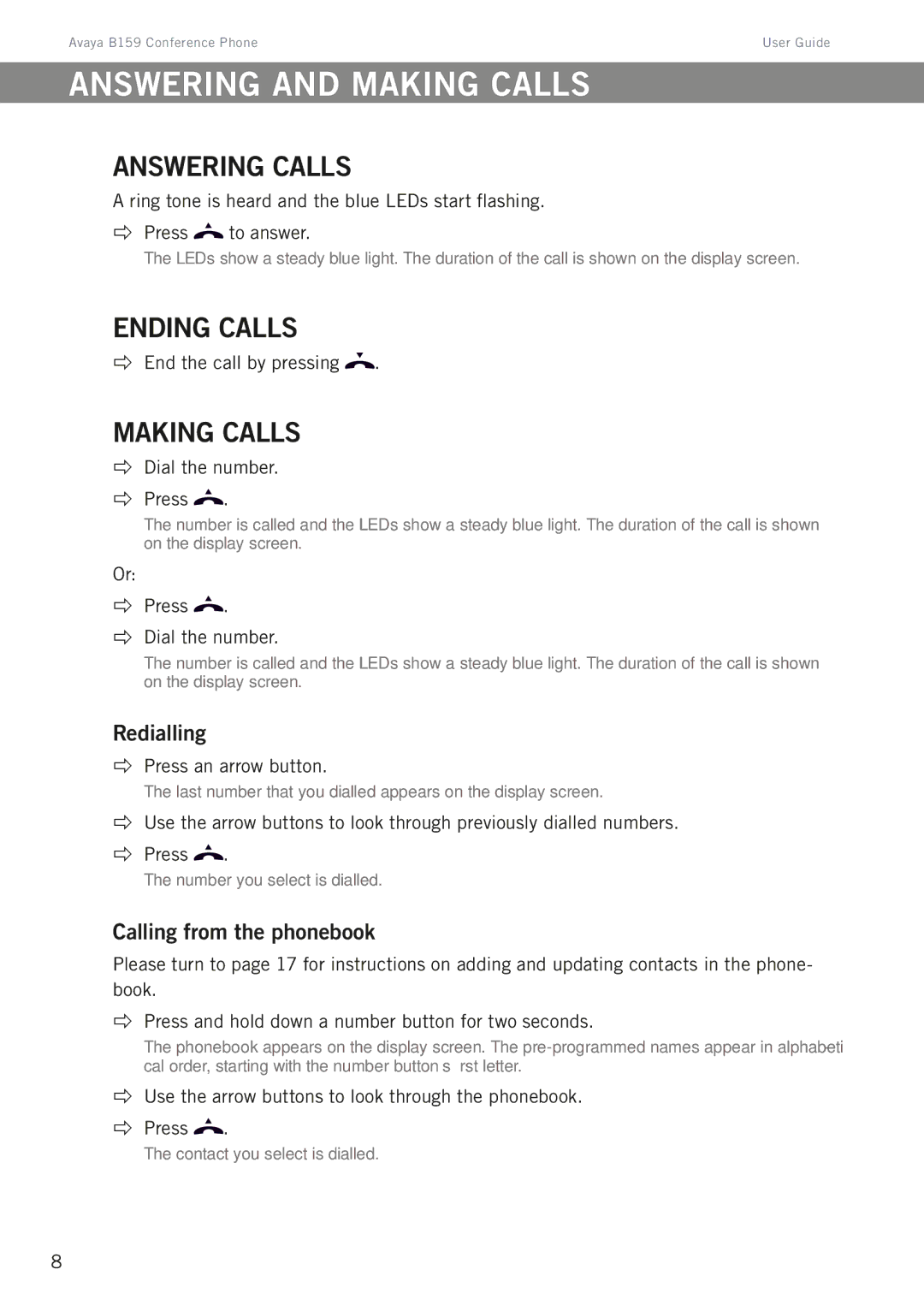 Avaya B159 manual Answering and making calls, Answering calls, Ending calls, Making calls 