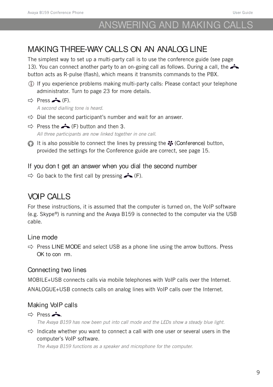 Avaya B159 manual Answering and making calls, Making three-way calls on an analog line, VoIP calls 