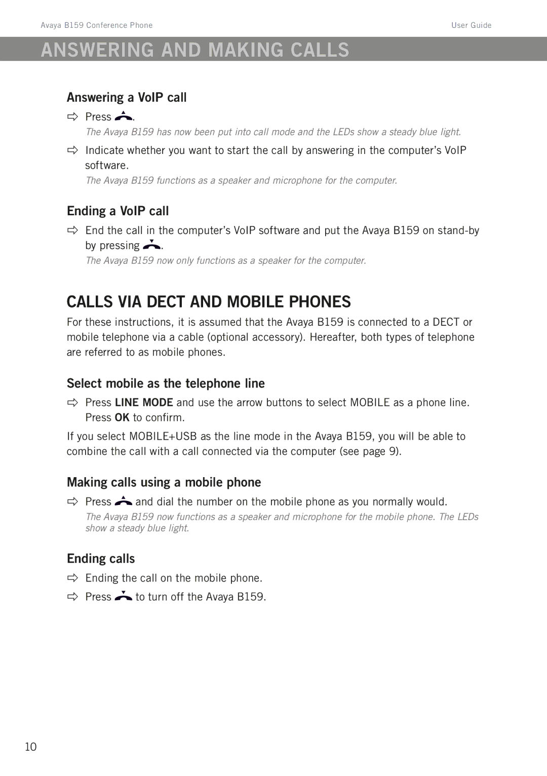 Avaya B159 manual Calls via Dect and mobile phones 