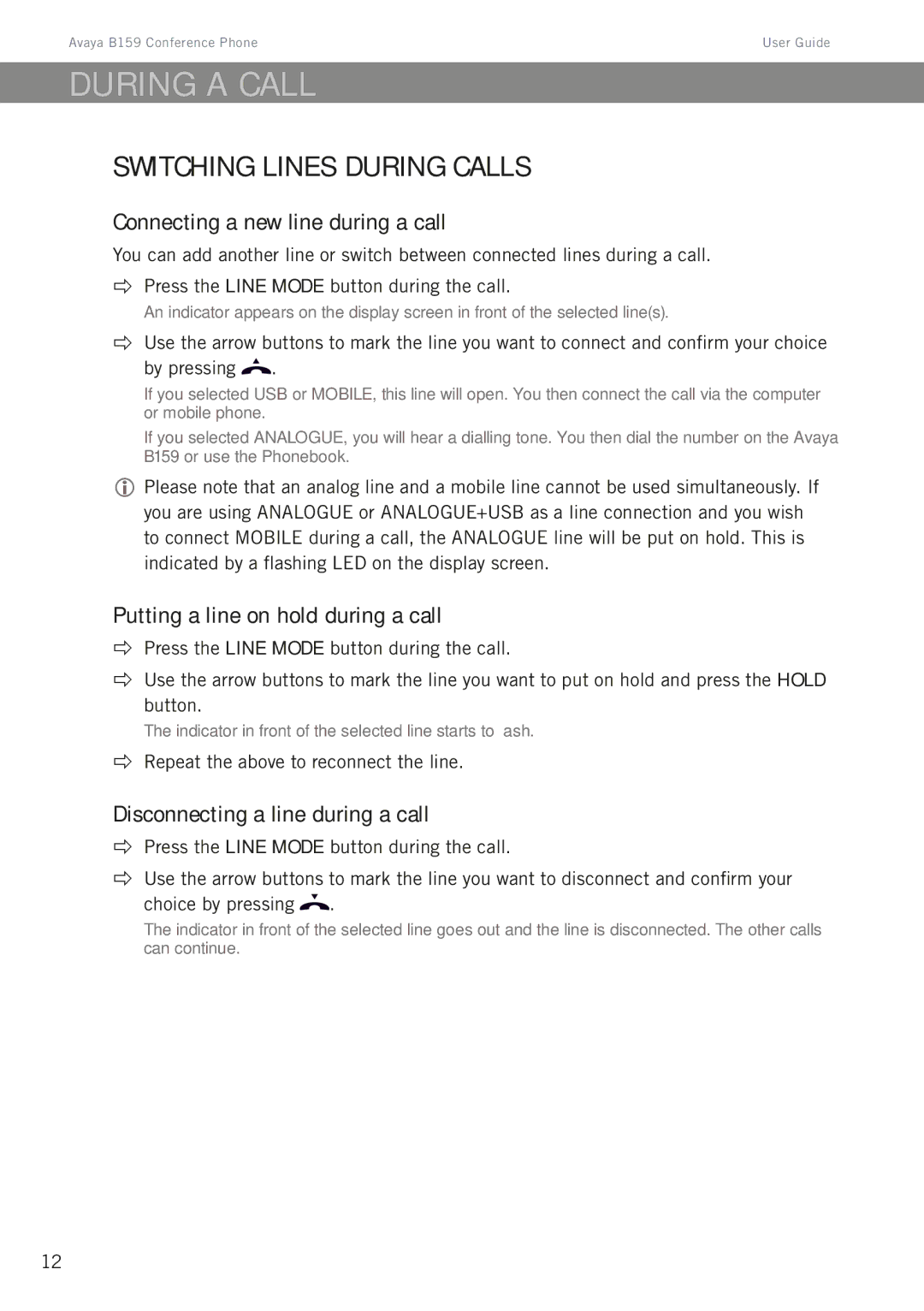 Avaya B159 manual During a call, Switching lines during calls, Connecting a new line during a call 