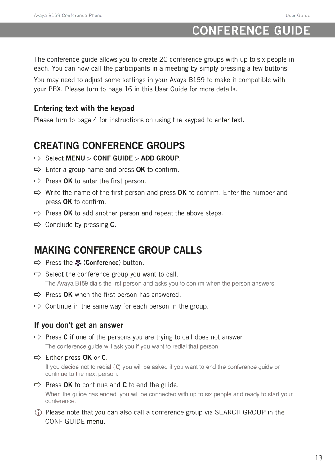 Avaya B159 Conference guide, Creating conference groups, Making conference group calls, Entering text with the keypad 