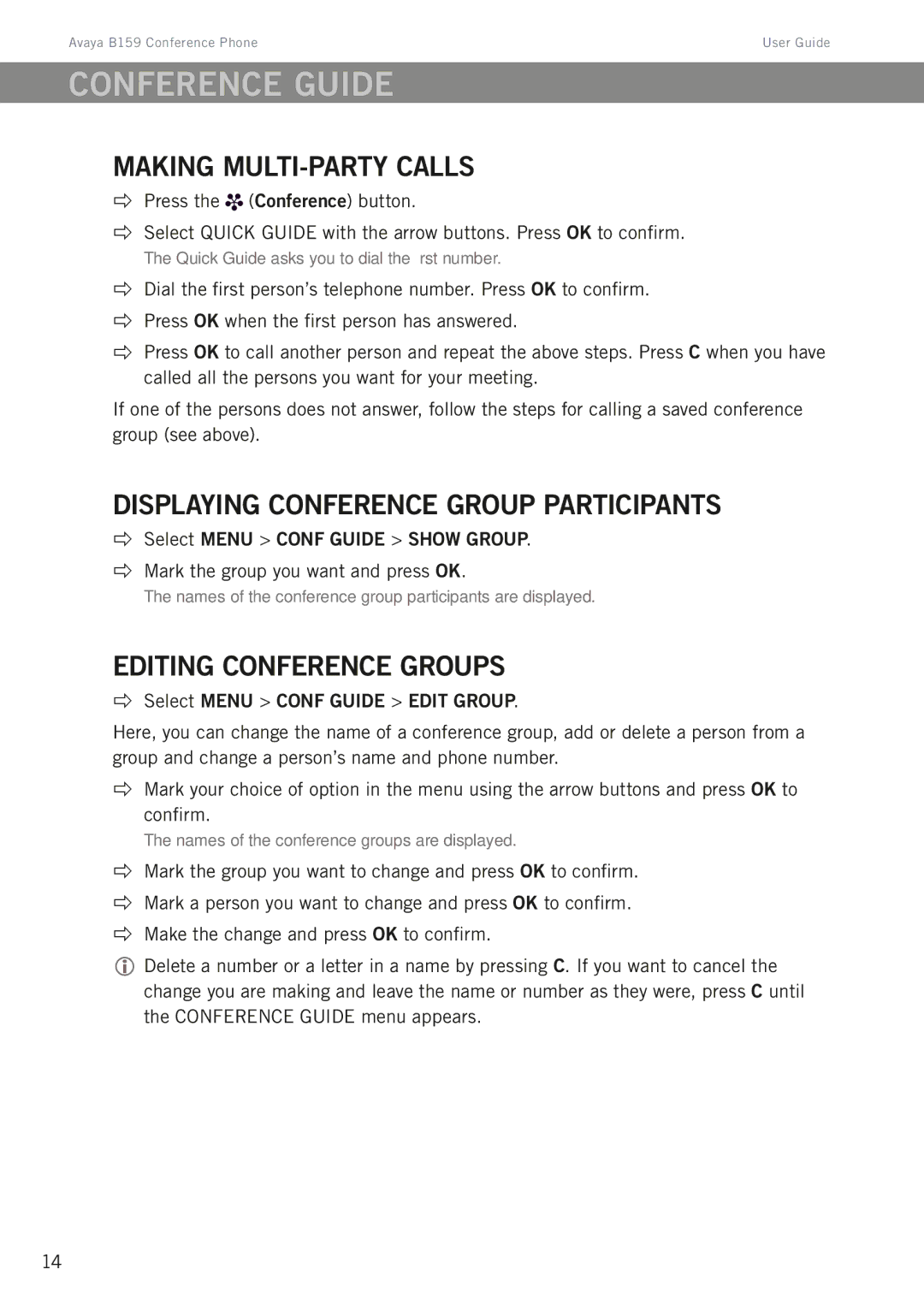 Avaya B159 Conference guide, Making multi-party calls, Displaying conference group participants, Editing conference groups 