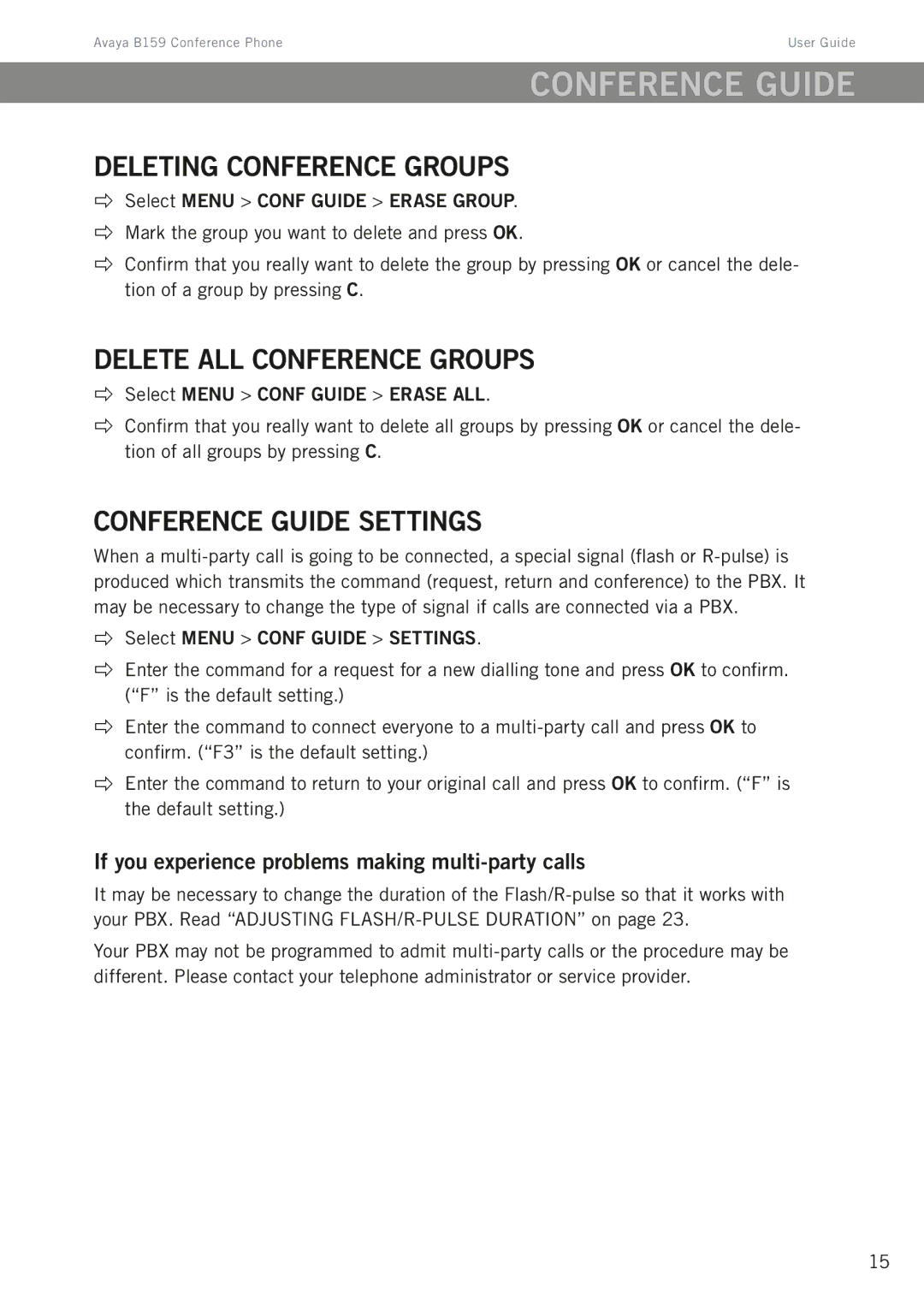 Avaya B159 manual Deleting conference groups, Delete all conference groups, Conference guide settings 