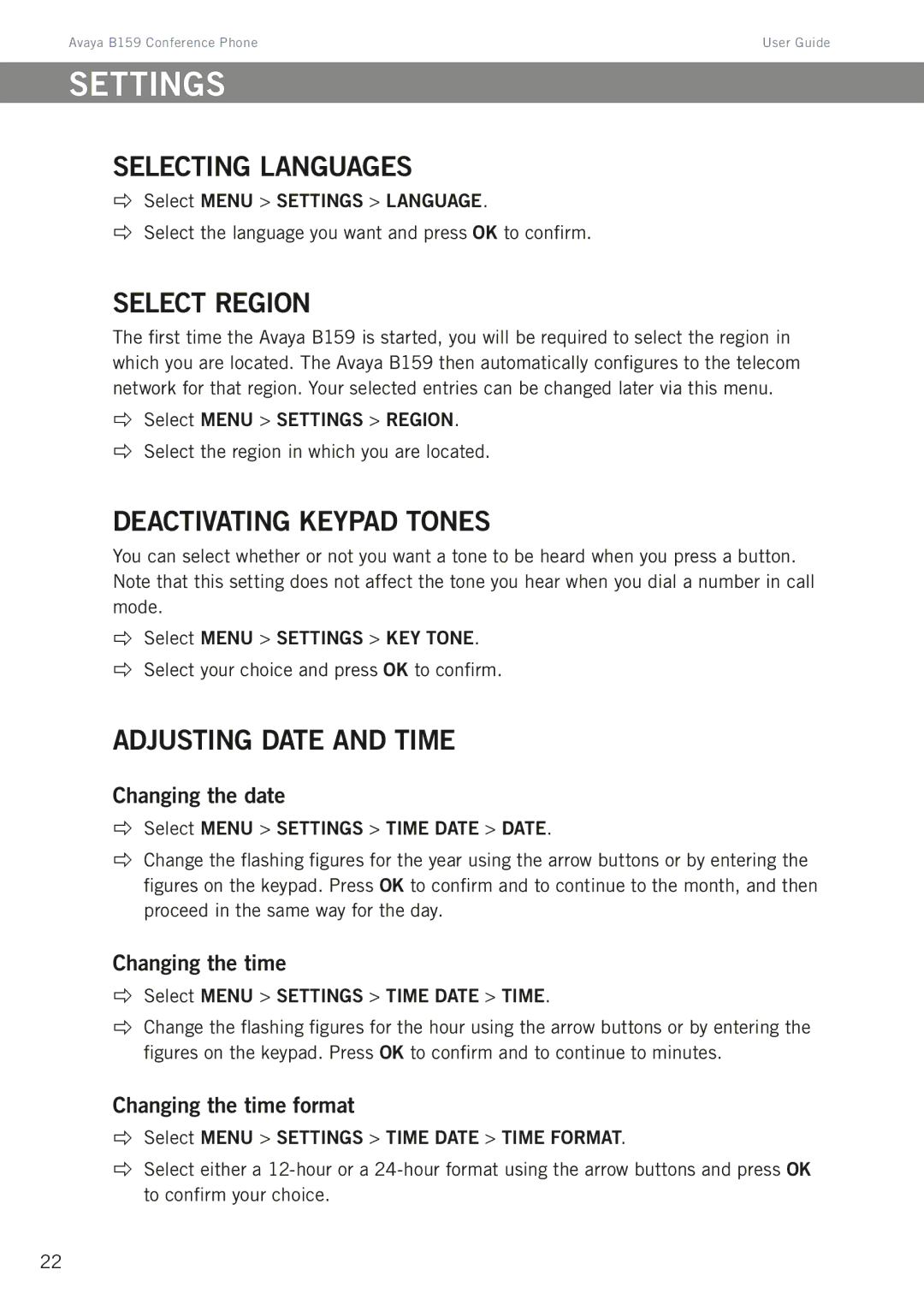 Avaya B159 manual Settings, Selecting languages, Select region, Deactivating keypad tones, Adjusting date and time 