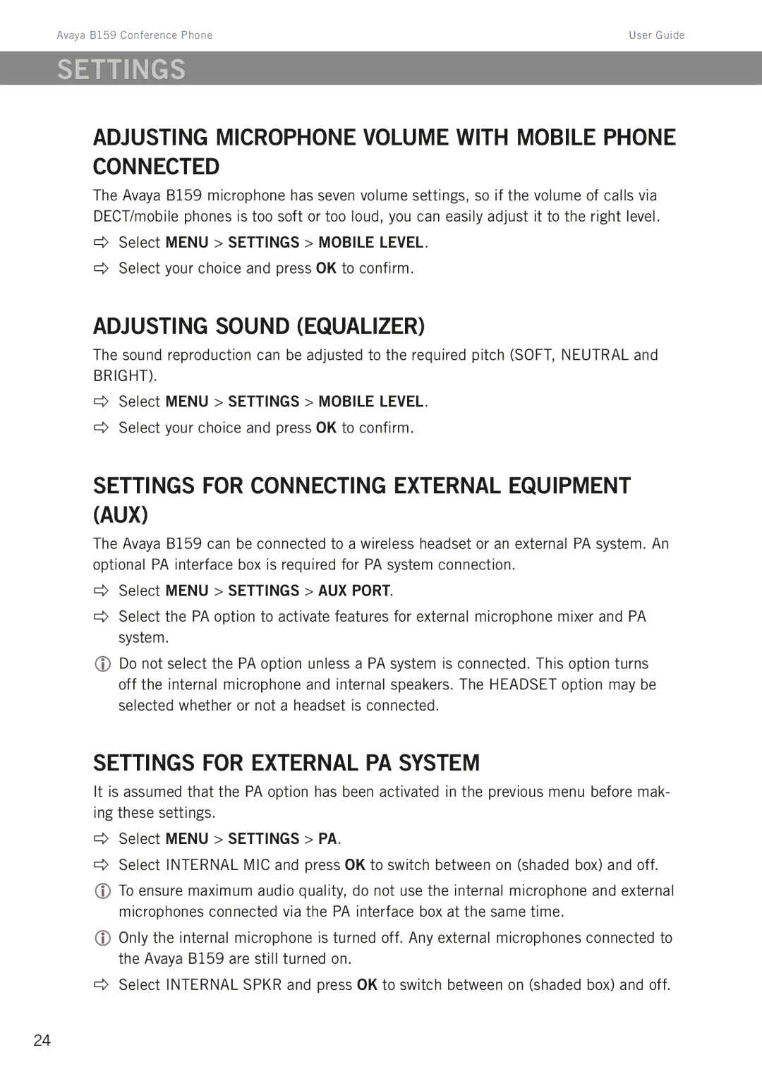 Avaya B159 manual Settings, Adjusting microphone volume with mobile phone connected, Adjusting sound equalizer 