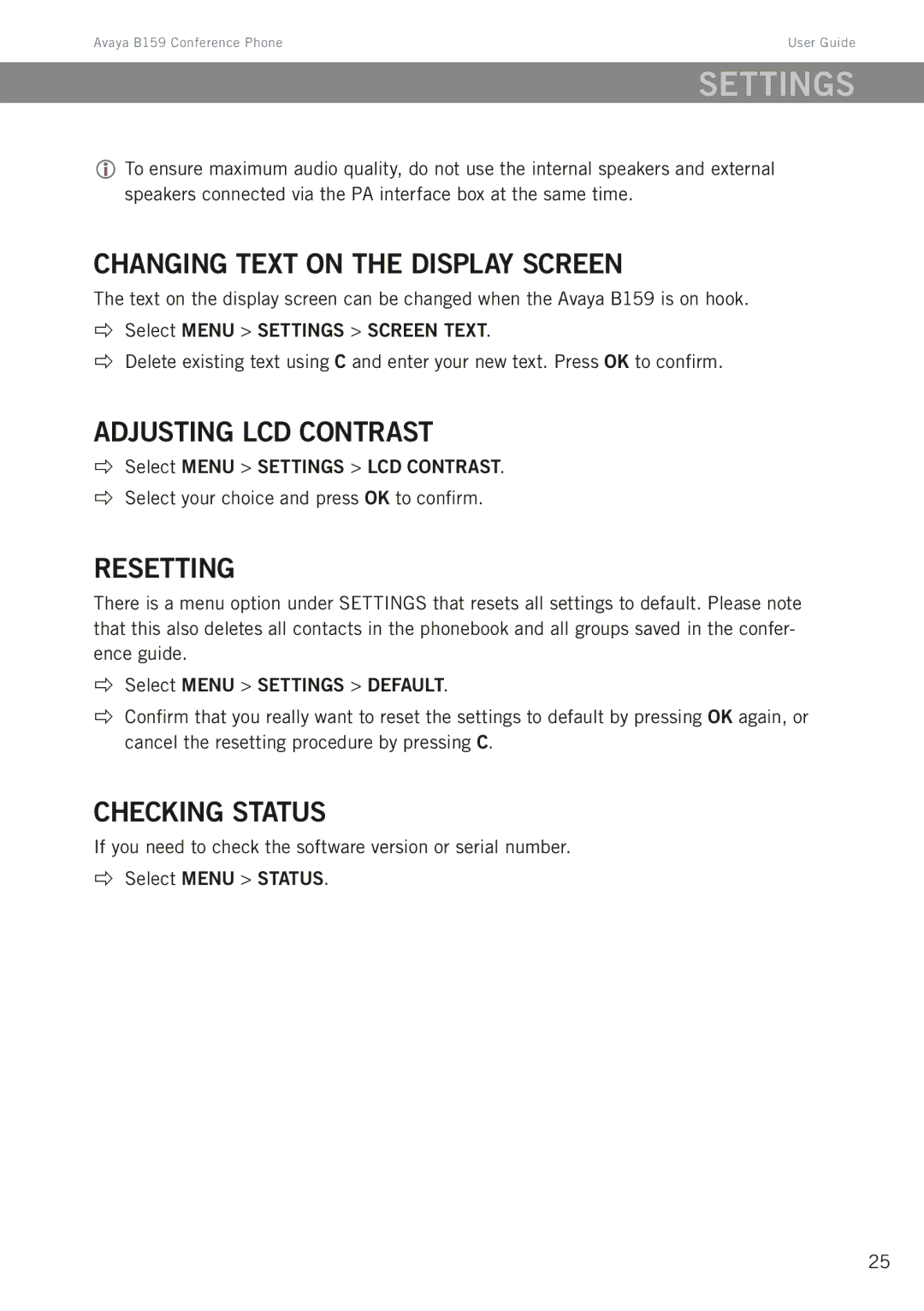 Avaya B159 manual Changing text on the display screen, Adjusting LCD contrast, Resetting, Checking status 